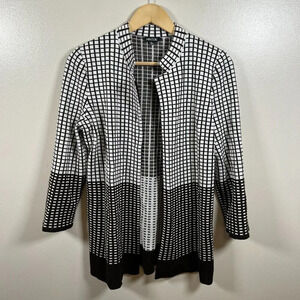 Misook Open Front Cardigan Sweater Size Small Brown Long Line Windowpane